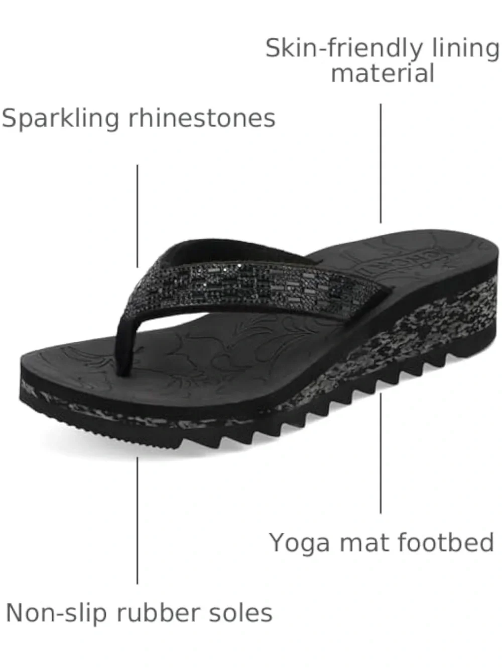 Oncai Black Wedge Rhinestone Flip Flop Sandals